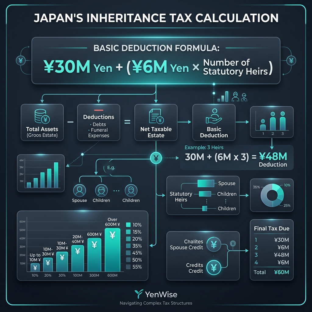 基礎控除と累進税率を用いた日本の相続税計算方法の解説図