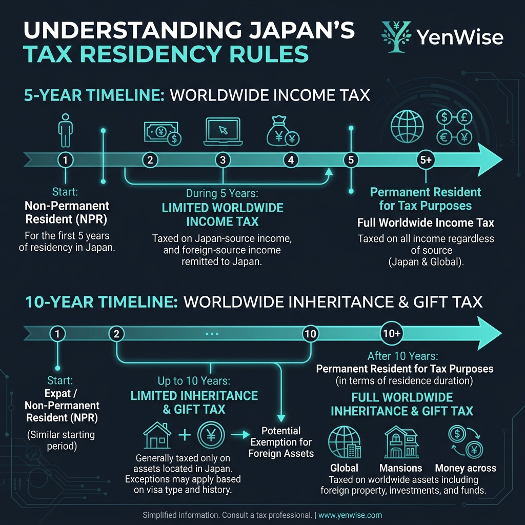 5年および10年のタイムラインを示した日本の税務上の居住者判定ルール図