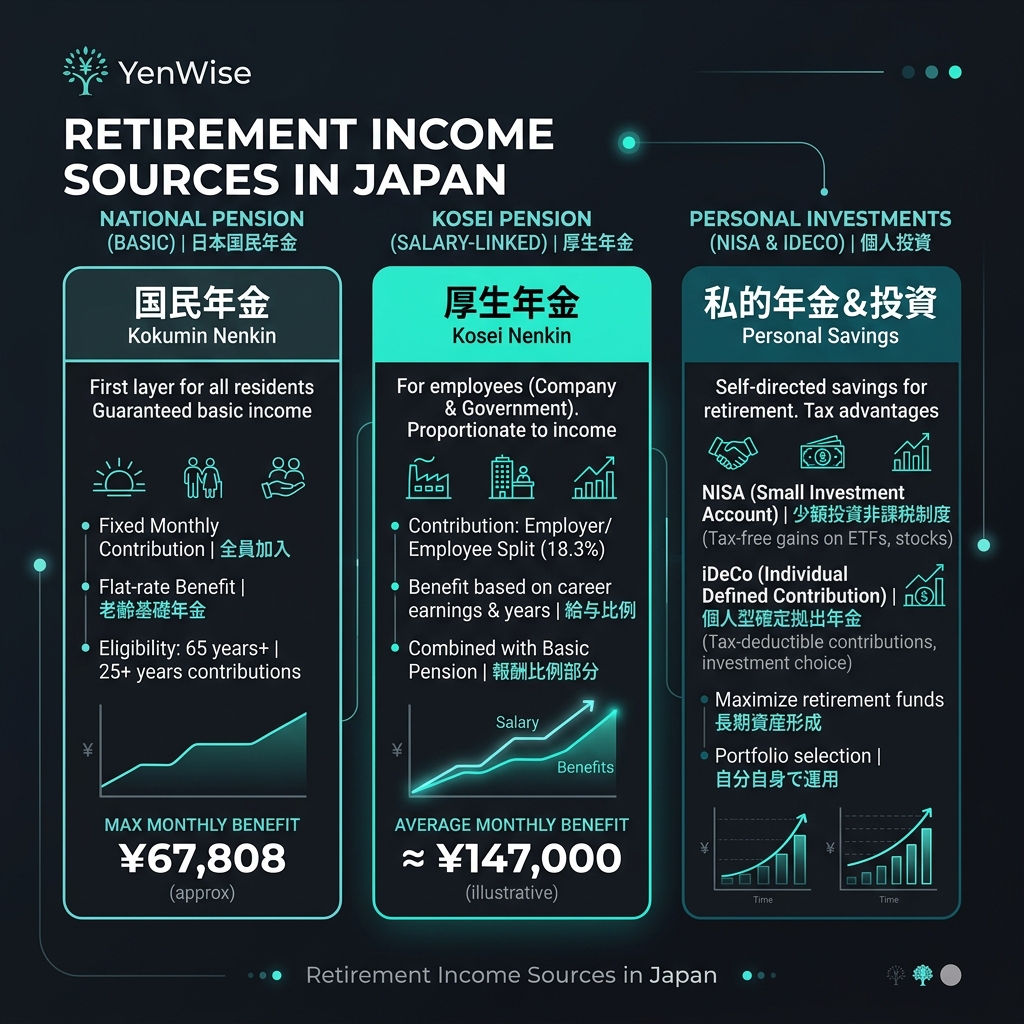 年金、個人投資、パート収入などの日本の老後資金源の割合を示す構成図